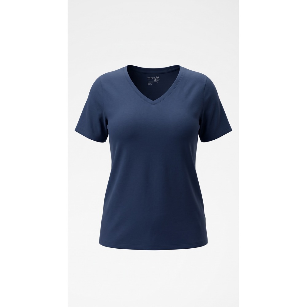 Terra & Sky Womens Navy Blue V-Neck Short Sleeve T-Shirt 1X 16W-18W TS102118